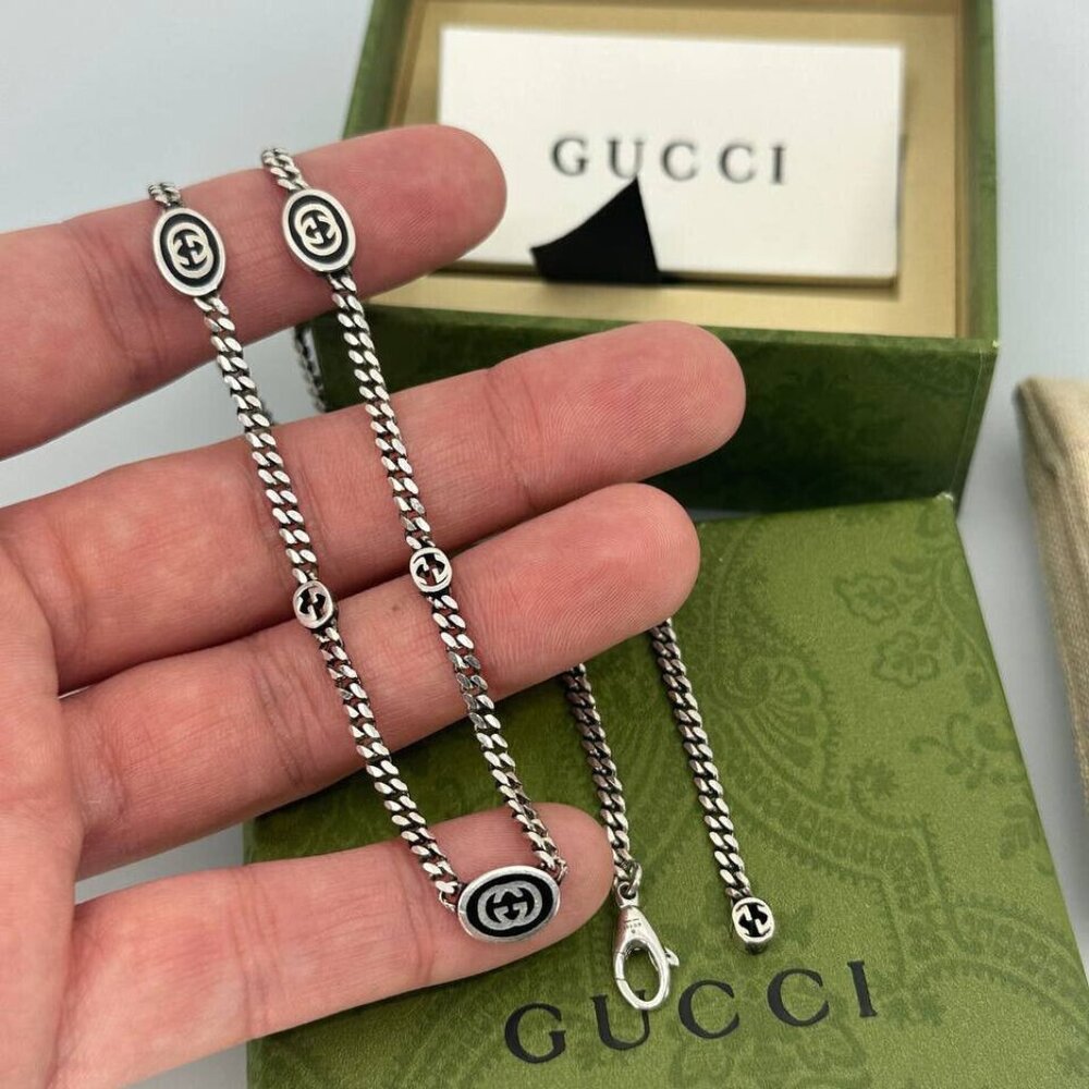 Authentic Gucci Sterling Silver Black Enamel Charm Necklace with Box